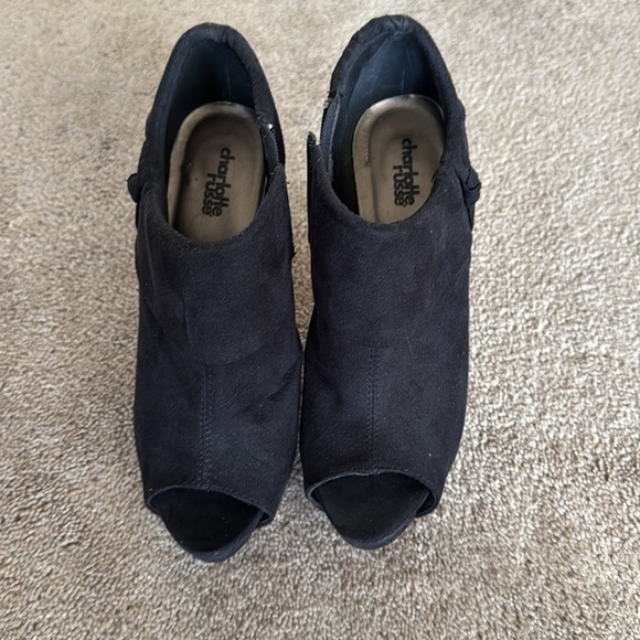 Open toe ankle booties, black suede, zip on sides, 4” heel hight, size 8 - Picture 5 of 6